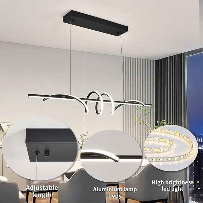 Modern LED Pendant Light, 39.37in Black Chandelier Dimmable with Remote & Phone Control,3000K-6000K Adjustable Color Temperature, Aluminum Modern Kitchen Light Fixture for Dining Room
