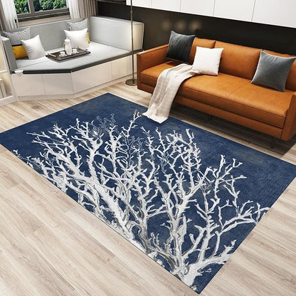 Nautical Coral Reef Area Rug, Beach Ocean Navy Blue Large Outdoor Carpet, Indoor Non-Slip Kids Rugs, Machine Washable Breathable Durable Carpet for Front Entrance Floor Decor,3 x 5ft