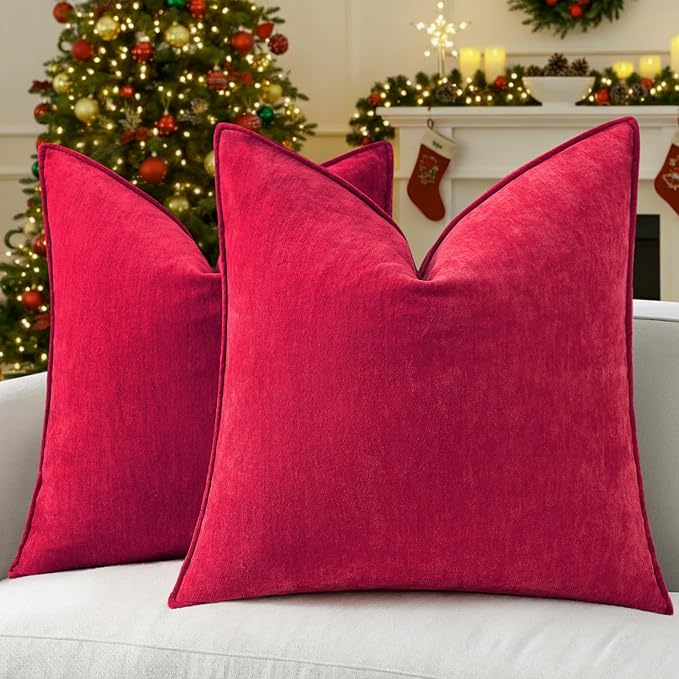 decorUhome Spring Couch Throw Pillow Covers 18x18 Set of 2, Decorative Soft Velvet Neutral Chenille Pillow Covers with Elegant Design for Sofa Bed Living Room Home Decor, Red