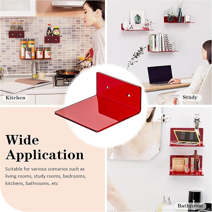 Sezanrpt 6 Inches Acrylic Small Wall Shelves, Red Floating Shelf for Wall Mounting, Acrylic Display Ledges for Funko Pop Figures, Home Décor, Living Room, Gaming Room, Plants, 2 Pack