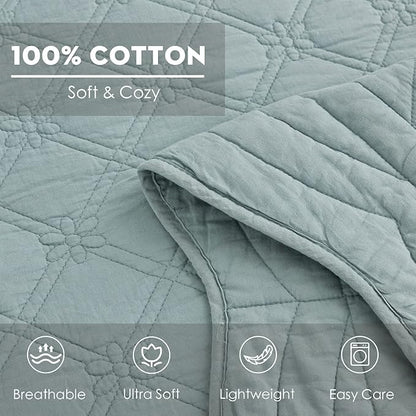 CHIXIN Oversized Cotton Bedspread King Size - Real Stitching - Luxury Quilted Bedding Cover for All Season, Reversible, Ultra Soft, Lightweight, 3 Piece, Pale Blue