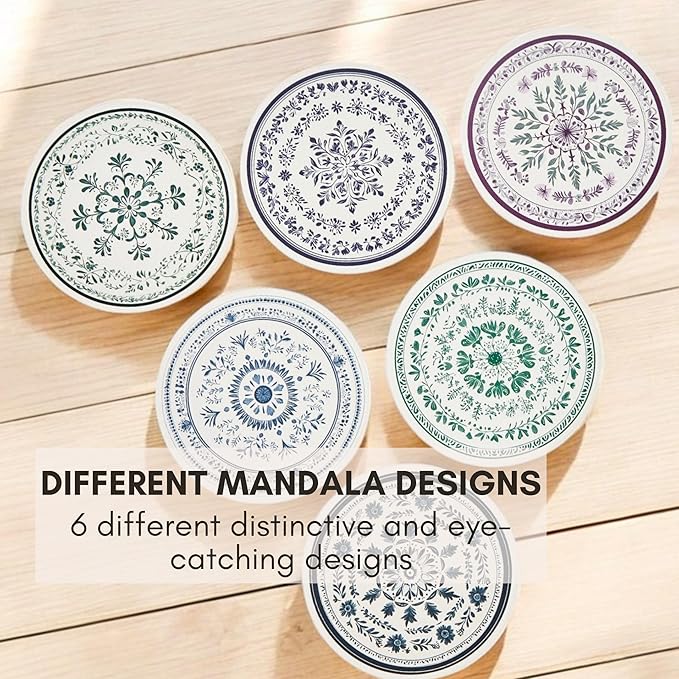 Mandala Ceramic Absorbent Coasters Set of 6 with Holder, Marble Drink Coasters for Coffee Table, Water Absorbing Coaster (Zen)