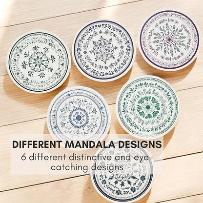 Mandala Ceramic Absorbent Coasters Set of 6 with Holder, Marble Drink Coasters for Coffee Table, Water Absorbing Coaster (Zen)