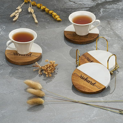 AWESOMETIK Custom Personalized Marble and Acacia Wood Coasters for Cups – Engraved Round Bar Coasters with Monogram, Wedding Gift for Couples, Anniversary, Housewarming, or Engagement Home Decor Set
