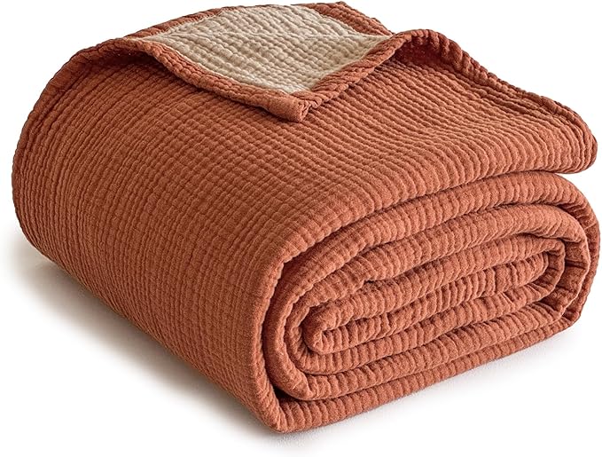 Simple&Opulence 100% Cotton Muslin Blanket King Size, Lightweight Breathable 4 Layering Gauze Blanket for Bed Couch Camping, Soft Bedspread Coverlet All-Season Use (Rust Orange, 104" x 92")
