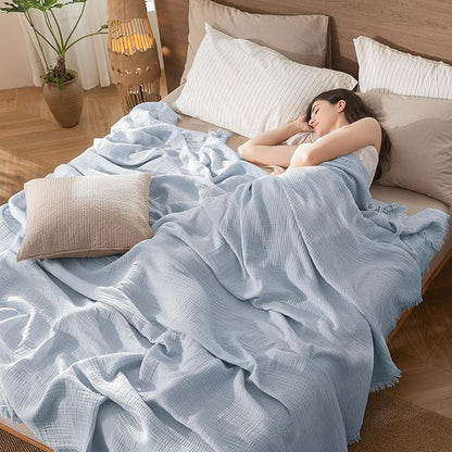 MooMee Muslin Blanket - 100% Cotton 4-Layer Gauze Throw Blanket with Tassels Ultra-Soft Breathable Lightweight Cooling for Bed Couch (Dusty Blue,King 104" x 90")
