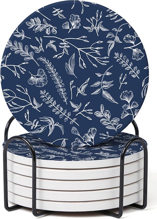 Set of 6 Floral Navy Blue Coasters with Holder, Absorbent Ceramic Drink Coasters with Cork Backing for Table Protection, Coffee Table Décor