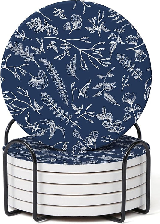 Set of 6 Floral Navy Blue Coasters with Holder, Absorbent Ceramic Drink Coasters with Cork Backing for Table Protection, Coffee Table Décor