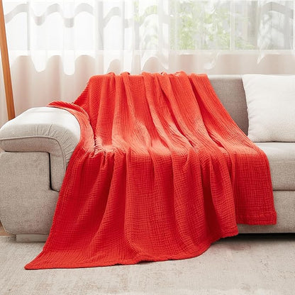 EMME Cotton Throw Blanket - 100% Muslin Soft, Breathable Gauze - All Season, Lightweight - Pre-Washed - Orange Rust, 50"x70"