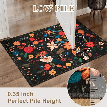 Tangsoo 5x7 Area Rug for Living Room Bedroom, Non Slip Machine Washable Boho Floral Rug, Low Pile Large Floor Carpet Indoor Mats for Kids Room, Farmhouse, Dining Room, Office(Black)