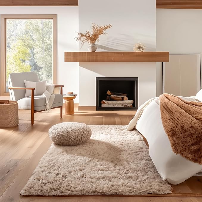 Super Area Rugs Ultra Soft & Fluffy Faux Sheepskin Rug, Light Brown 5 x 7 Feet Carpet for Bedroom Living Room