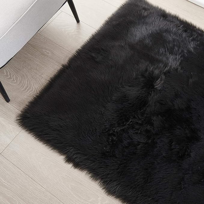 SERISSA Ultra Soft Faux Fur Area Rug Black Fluffy Rug Plush Chair Cover Seat Pad Fuzzy Carpet Furry Beside Rugs for Bedroom Floor Sofa Living Room 2x4 Feet (Rectangular,Black)