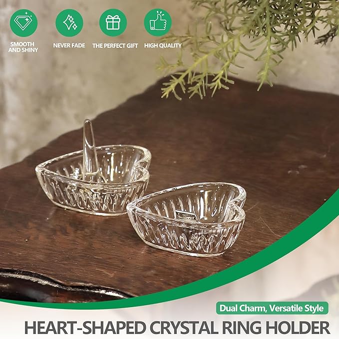 3.1in Crystal Jewelry Tray Set of 2 Heart-shaped Jewelry Dishes Trinkets Ring Tray Home Table Decor Christmas Birthday Wedding Gifts for Women (Clear)