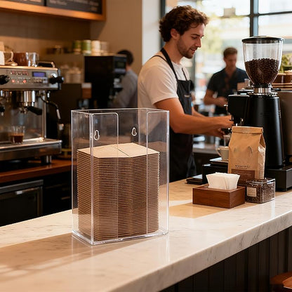 Coffee Cup Sleeve Organizer Rack-Acrylic Coffee Collar Holder Storage for Disposable Kraft Paper Cup Sleeves,Coffee Shop/Home/Kitchen Organization,Countertop or Wall Mount(Clear)