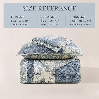 CASAAGUSTO King Size Quilt Set - 3 Pieces Patchwork Blue Quilt Bedding Set, Lightweight King Bedspread Coverlet, Reversible Floral Bed Cover for All Seasons (106"x94", 1 Quilt + 2 Pillow Shams)