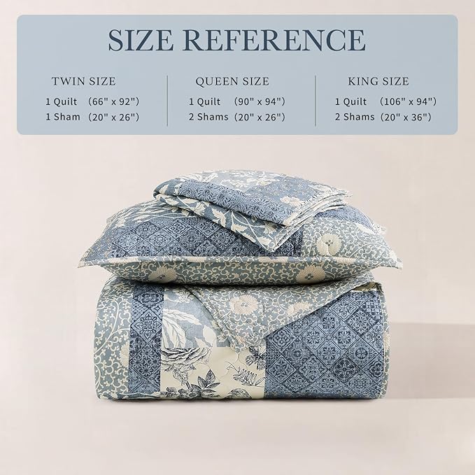 CASAAGUSTO Twin Quilt Set - 2 Pieces Patchwork Blue Quilt Bedding Set, Lightweight Twin Bedspread Coverlet, Reversible Floral Bed Cover for All Seasons (66"x92", 1 Quilt + 1 Pillow Sham)