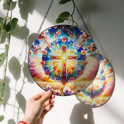 8 Inches Cross Stained Glass Suncatcher, Stained Glass Window Hanging, Spiritual Sun Catcher, Cross Ornament Gift, Christian Home Decor, Christian Gifts, Religious Gifts, Gift for Christmas