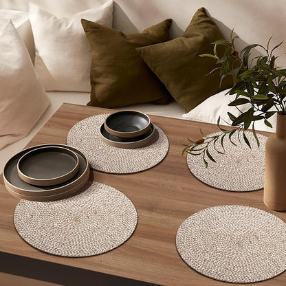 Hausattire Jute Braided Placemats 14 Inches Round Set of 4 Reversible Handwoven Boho Vintage Placemats for Kitchen Dining Tables|BBQ's Thanksgiving Decor Weddings Indoor & Outdoor Parties|Off-White