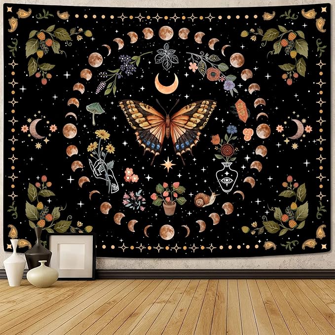Aipon Yellow Butterfly Moon Flower Tapestry Botanical Floral Plant Boho Tapestry for Bedroom Aesthetic Vintage Tapestries Wall Hanging for Living Room Dorm (68.00'' × 90.00'', Yellow)