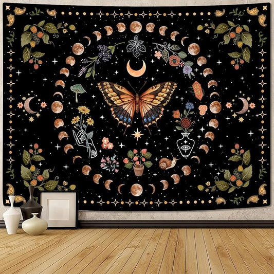 Aipon Yellow Butterfly Moon Flower Tapestry Botanical Floral Plant Boho Tapestry for Bedroom Aesthetic Vintage Tapestries Wall Hanging for Living Room Dorm (68.00'' × 90.00'', Yellow)