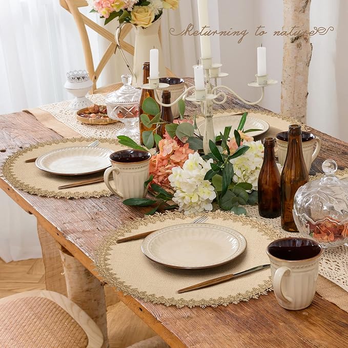 FunWheat Burlap Round Braided Placemats Set of 12 for Dining Tables 15 Inch Heat Resistant Jute Table Mats Farmhouse Woven Fabric Natural Place mats for Fall Decoration(Jute Lace)