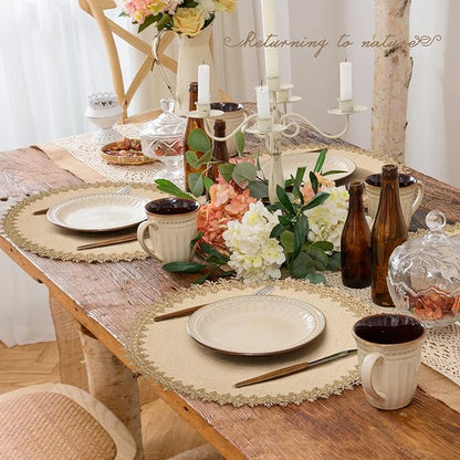 FunWheat Burlap Round Braided Placemats Set of 12 for Dining Tables 15 Inch Heat Resistant Jute Table Mats Farmhouse Woven Fabric Natural Place mats for Fall Decoration(Jute Lace)