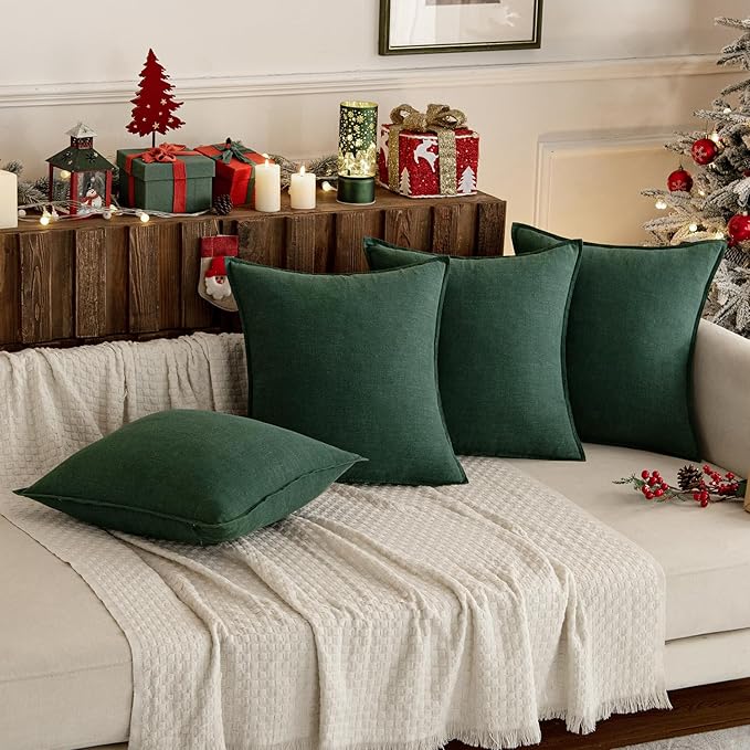 MIULEE Christmas Decorative Linen Pillow Covers 16x16 Inch Dark Green Boho Farmhouse Neutral Couch Throw Pillows for Bed Pack of 2 Accent Modern Pillowcase Sofa Livingroom Home Decor