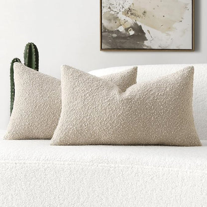 FUTEI Pack of 2 Beige Decorative Throw Pillow Covers 12x20 Inch Soft Cozy Solid Boucle Textured Lumbar Pillow Cases,Modern Home Decor for Couch Bed Living Room