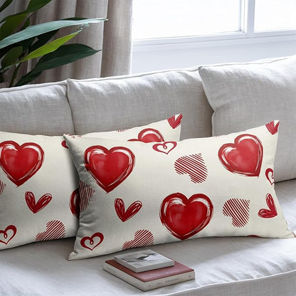 Valentines Day Pillow Covers 12x20 Set of 2 Beige Red Heart Throw Pillow Covers Love Pillowcase Linen Decoration Farmhouse Holiday Cozy Soft Cushion Case Couch for Indoor Outdoor Home Decor