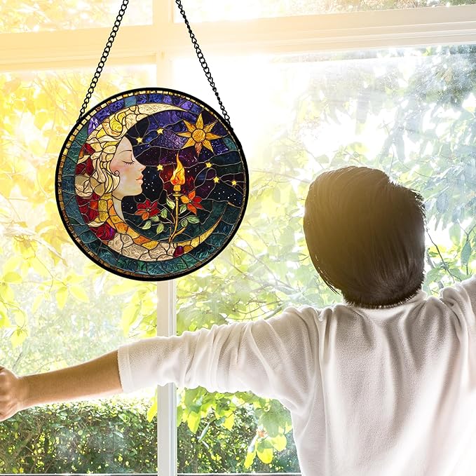 DASTOLL Stained Glass Window Hanging, Moon Goddess Torch Suncatcher Diamond Glass Panel Hangings Dream Sun Catchers Decor for Birthday for Women, Men, Wife, Aunt, and Mom 11.8x11.8 in