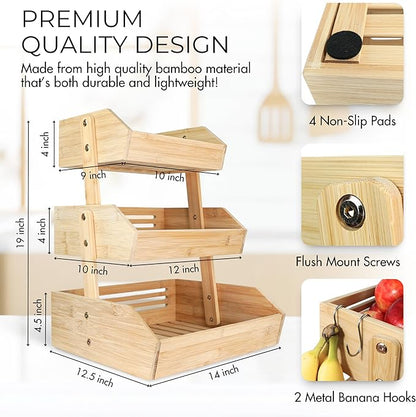 3-Tier Bamboo Fruit Basket – Transforms To 2-Tier | 2 Banana Hooks Included – 14" W x 12.5" L x 19" H – Fruit Holder for Kitchen Countertop - Fruits & Vegetable Storage – Large Capacity Shelf