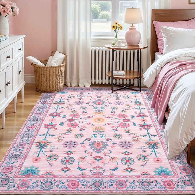 Tangsoo 4x6 Washable Area Rug, Non Slip Pink Floral Rug for Bedroom Girls Nursery Bedside, Soft Low Pile Floor Carpet Indoor Mat Cute Home Decor for Office Classroom Reading Corner Baby Teen Room