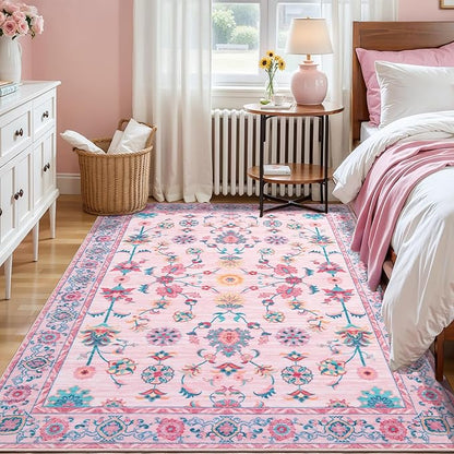 Tangsoo 4x6 Washable Area Rug, Non Slip Pink Floral Rug for Bedroom Girls Nursery Bedside, Soft Low Pile Floor Carpet Indoor Mat Cute Home Decor for Office Classroom Reading Corner Baby Teen Room