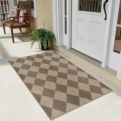 Easy Jute Checkered Entryway Rug, 2.6x4 Brown Modern Indoor Outdoor Doormat, Washable Non-Slip Neutral Kitchen Rug Farmhouse Diamond Throw Rugs for Entrance Bedroom Bathroom