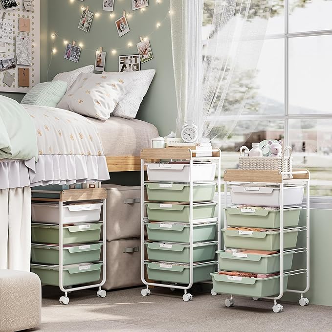 Rolling Storage Utility Cart With 5 Drawers,Craft Cart with Wheels,Makeup Organizer,Art Supply And Storage Wooden Tabletop,Green