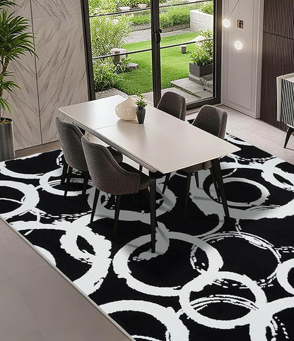 YIHOUSE Black Modern Geometric Area Rug 6x9, Black and White Rug with Abstract Circles,Non-Shedding Washable Rugs for Bedroom, Home Office and Living Room