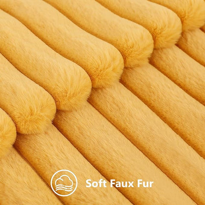 decorUhome Faux Fur Spring Throw Pillow Covers 18x18 Set of 2, Decorative Soft Plush Striped Neutral Couch Pillow Covers with Velvet Back for Sofa, Bed, Living Room Home, Mustard Yellow