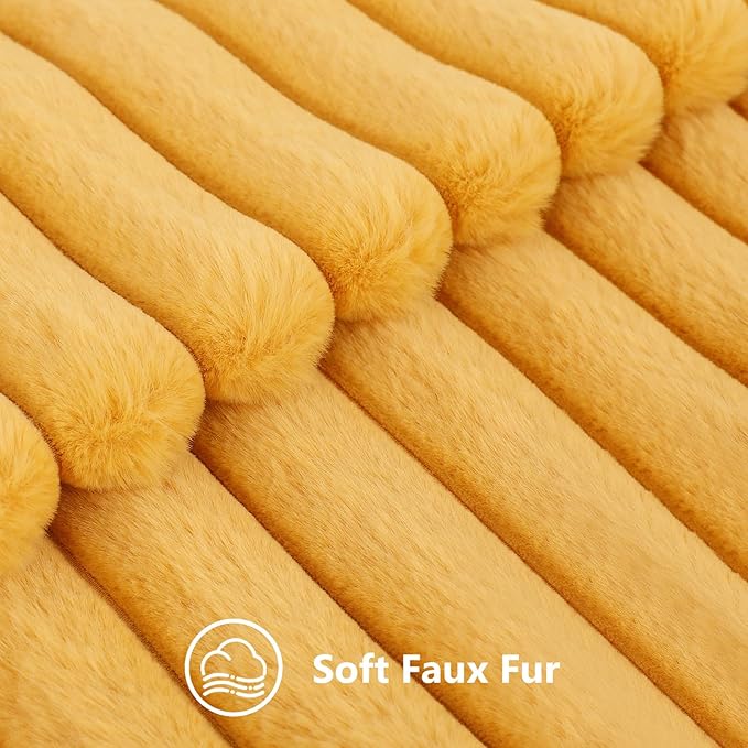 decorUhome Faux Fur Spring Throw Pillow Covers 12x20 Set of 2, Decorative Soft Plush Striped Lumbar Neutral Couch Pillow Covers with Velvet Back for Sofa, Bed, Living Room Home, Mustard Yellow
