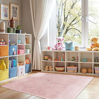 jinchan Solid Plush Area Rug 5x7 Performance Shaggy Washable Rug Indoor Soft Modern Faux Wool Cozy Non Slip Carpet for Living Room Kids Room Bedroom Dining Room Nursery Pink