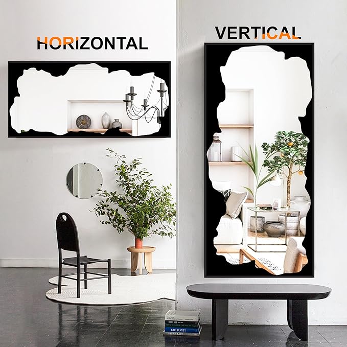Full-Length Mirror Free Standing Leaning Mirror with Artistic Black Abstract Overlay Deco, 64"x32" Shatterproof Wall-Mounted Mirror, Perfect for Living Room, Bedroom, Cloakroom, and Bathroom Decor