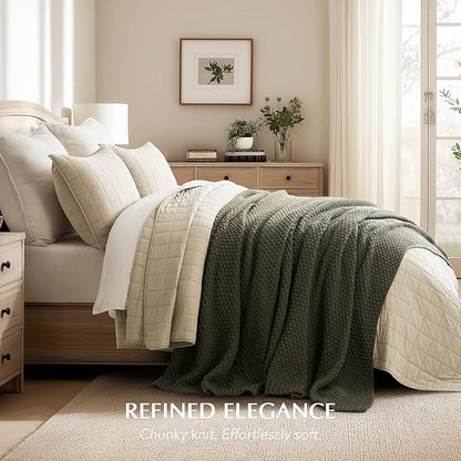 EVERGRACEHOME Chunky Chenille Knit Throw Blanket for Couch, Soft Luxurious Oversized Queen Moss Stitch Blanket for Bed, Large Cozy Farmhouse Knitted Throw for Sofa, Olive Green, 90" x 90"