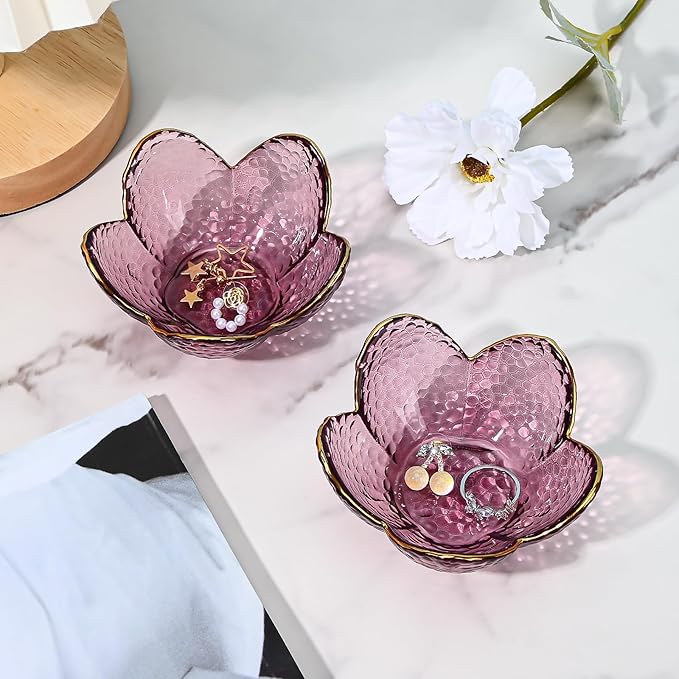Koythin 2-Piece Glass Jewelry Tray, Small Trinket Holder for Necklace Bracelet Earring, Ring Holders for Bathroom, Aesthetic Trinket Dish, Flower Nightstand Decor for Girl Mom (Purple)