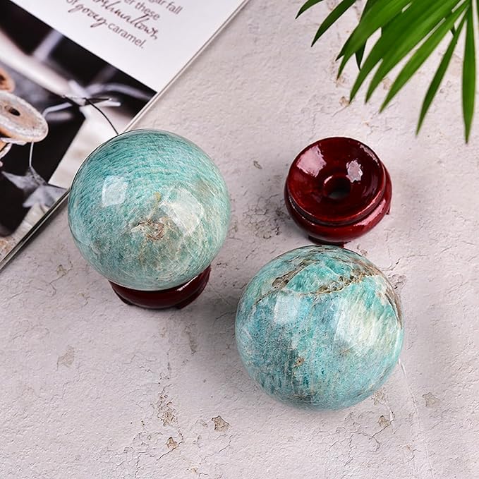 JIC Gem Natural Amazonite Crystal Ball with Wood Stand Gemstone Sphere Polished Healing Energy Mineral Gemstone Balls for Reiki Chakra Decoration Fengshui (100-110mm)