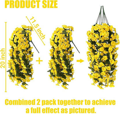 Sggvecsy Artificial Fake Hanging Flowers Plants for Outdoor Outside Spring Summer Decoration 2PCS Faux Silk UV Resistant Realistic Morning Glory Trailing Vines for Home Porch Patio Balcony(Yellow)