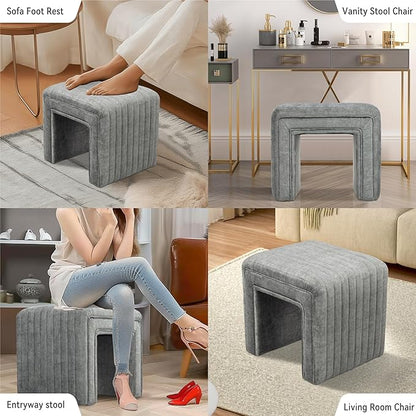 Get Set Style Vanity Stool Chair,Modern Velvet Ottoman Foot Stool with Wooden Legs Sofa Bench Footstool Extra Seat for Vanity,Makeup Room,Living Room,Entryway,Office (Fully Assembled) (Dark Grey)