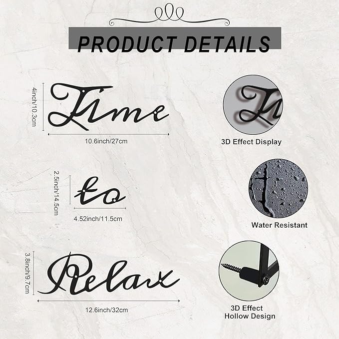 LIYAOLI Time to Relax Signs for Wall Decor,3D Black Metal Bathroom Wall Art Decor Farmhouse,Modern Metal Words Relaxing Decorative,Letter Sign Spa Home Decor