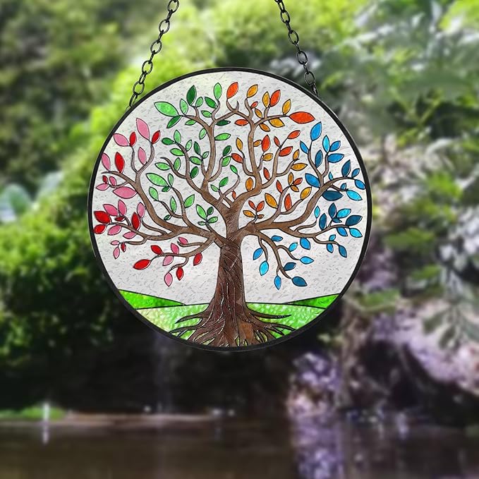 Ciarain Tree of Life Suncatchers Stained Glass Window Hangings Ornaments, 6.3''* 6.3'' Hand-Painted Vibrant Color Family Tree Sun Catcher Memorial Gifts for Women,Christmas Decor Gifts