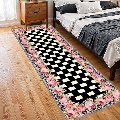 Checkered Floral Design Runner Rug for Entryway, 4x12ft, Pink Rose Luxury Fall Decor Area Carpets for Bedroom, Absorbent Machine Washable Shed Resistant Non-Slip Throw Rugs for Entry