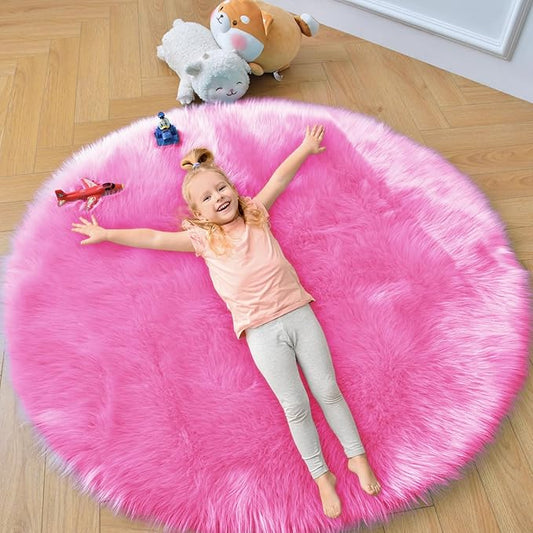 duduta Hot Pink Faux Sheepskin Round Rug 4x4 ft, Fluffy Shag Girls Bedroom Nursery Dorm Circle Rug Non Slip Washable