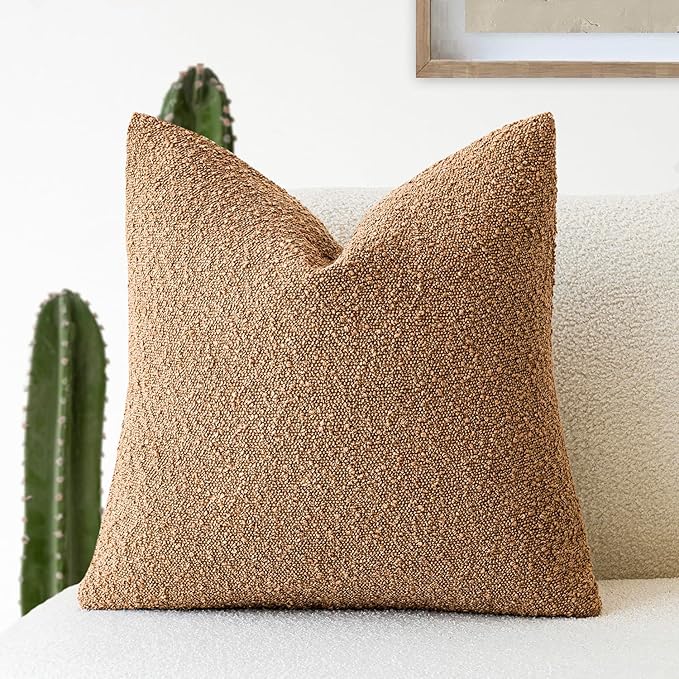 Foindtower Decorative Boucle Throw Pillow Covers Accent Solid Pillow Cases Cozy Soft Textured Couch Cushion Case for Chair Sofa Bedroom Living Room Home Decor 22 x 22 Inch,Tobacco